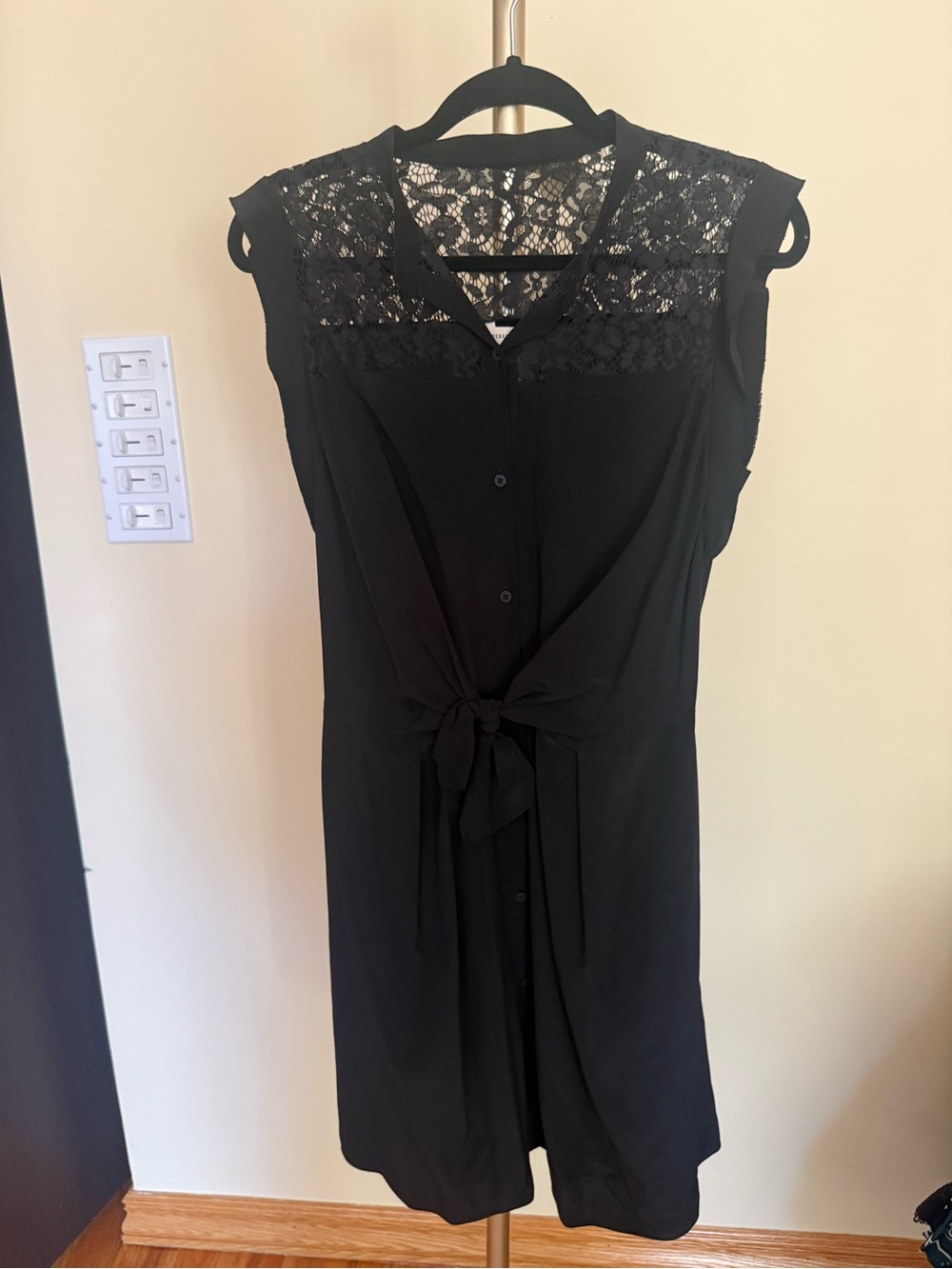 Rebecca Taylor Black Lace-Yoke Midi Dress with Tie Front